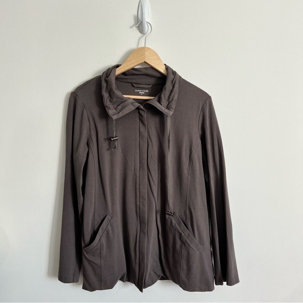 Eileen Fisher Organic Cotton Jacket Jersey Full Zip Tan Taupe Drawstring Collar